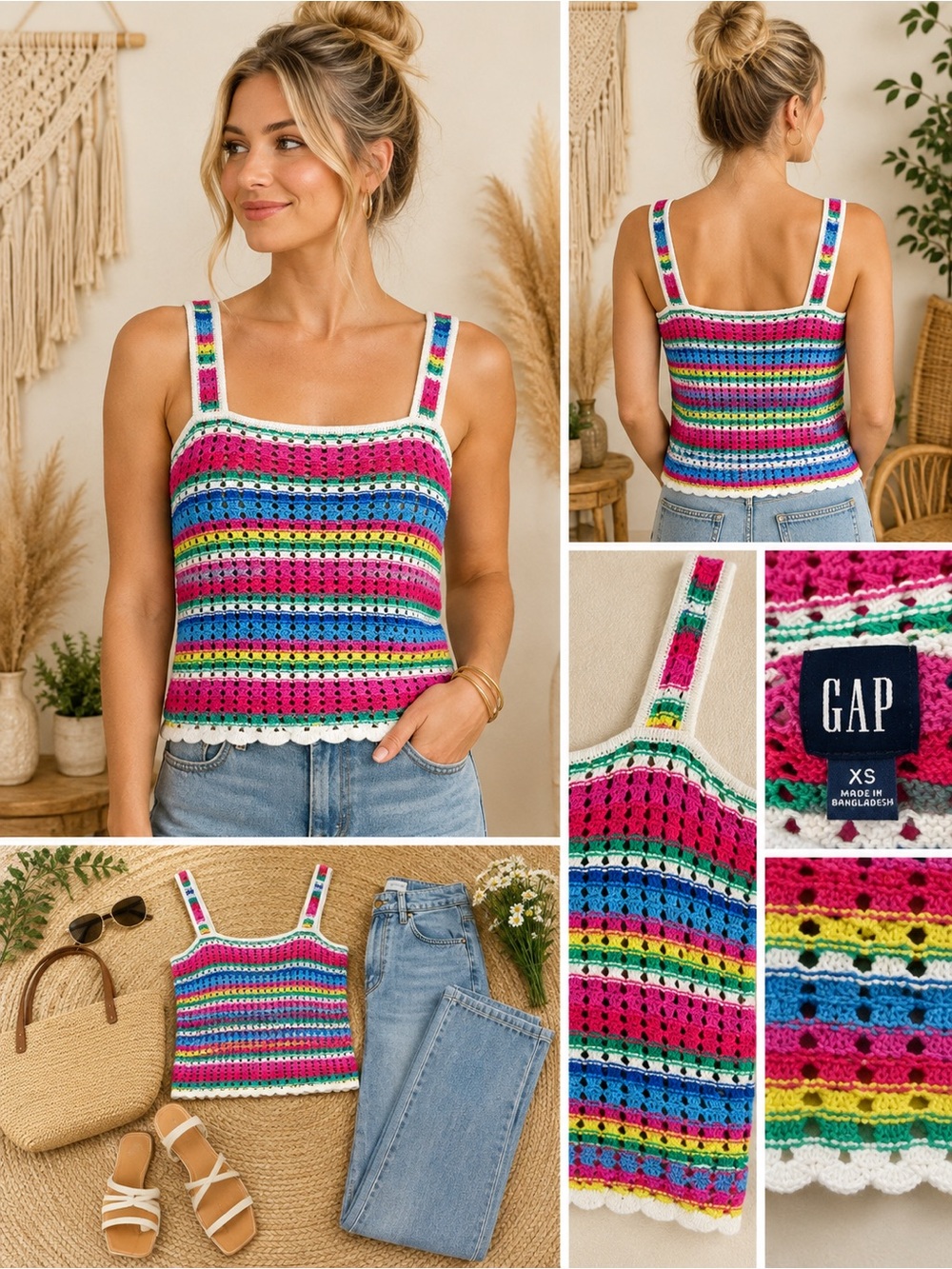 GAP Multicolor Crochet Stripe Tank Top - Pink, Blue, Green, Yellow size XS